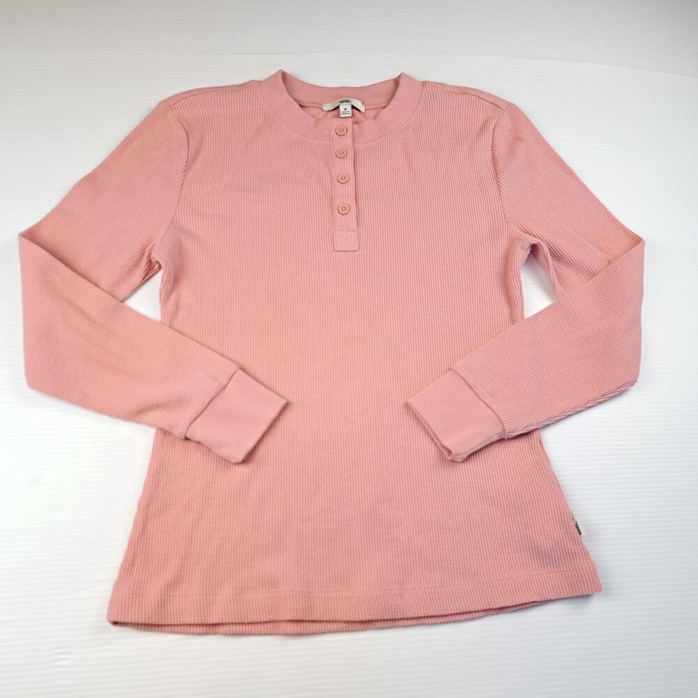 Vans Shirt Womens Medium Pink Waffle Knit Henley Long Sleeve Thermal Top